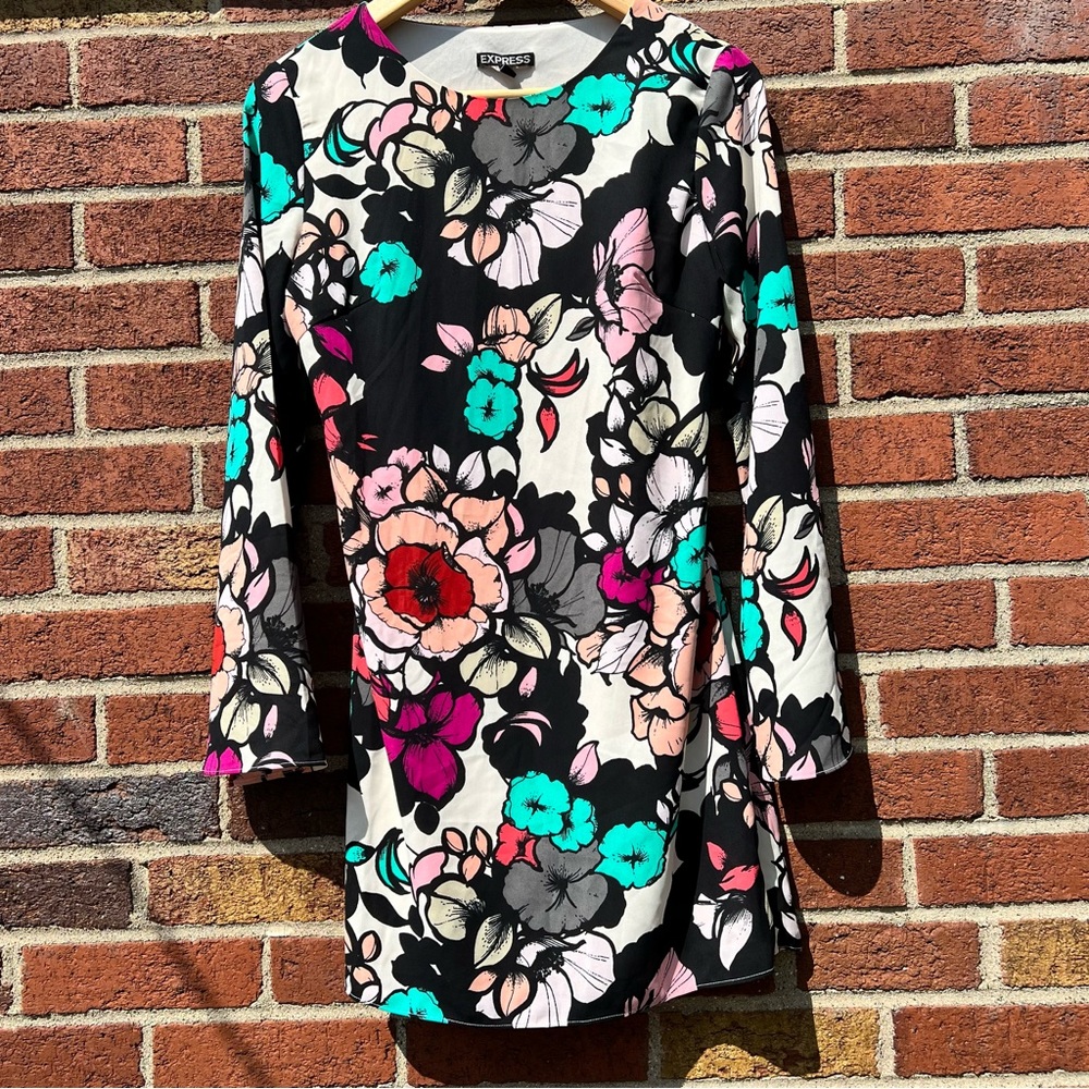 Express Women's Long Bell Sleeve Floral Print Sheath Dress Keyhole Back Size 2